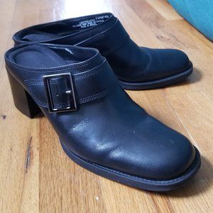 Bass Black Carinthia Block Heel Leather Mules Slip On Size 7 Y2K Buckle